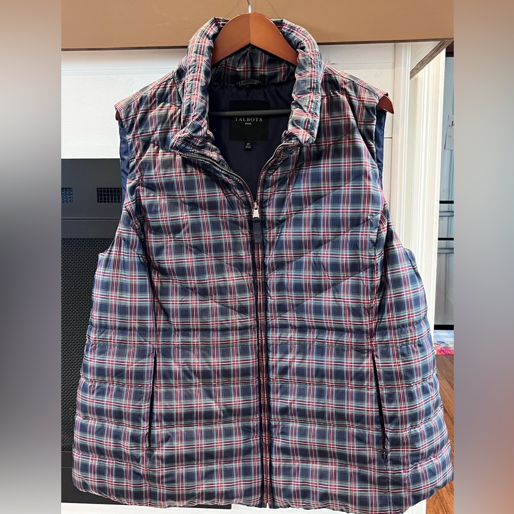 Talbots Plus Plaid puffer vest size 2X Navy